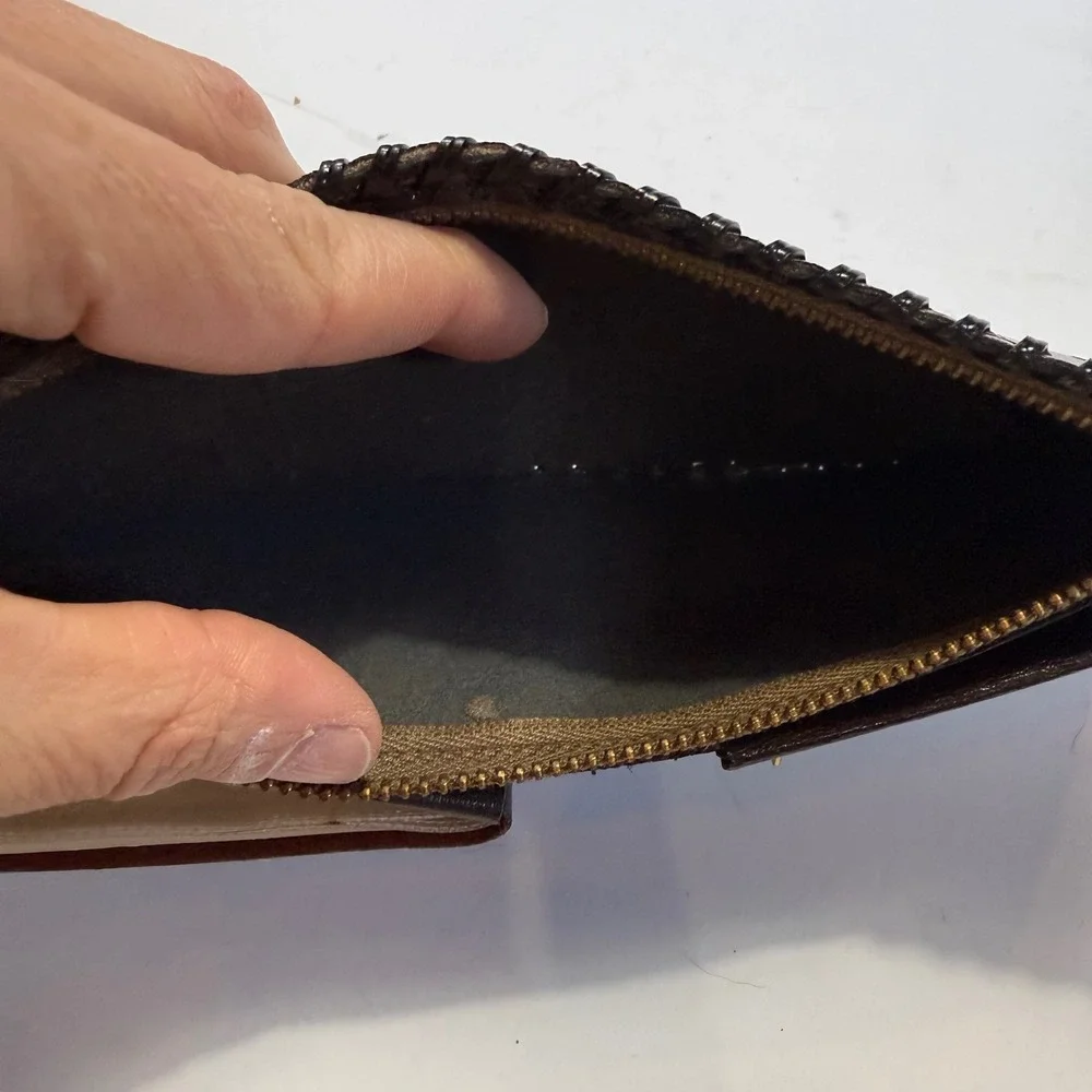 Vintage Dark Brown Top Grain Cowhide Leather Bifold Wallet Whipstitch Embossed